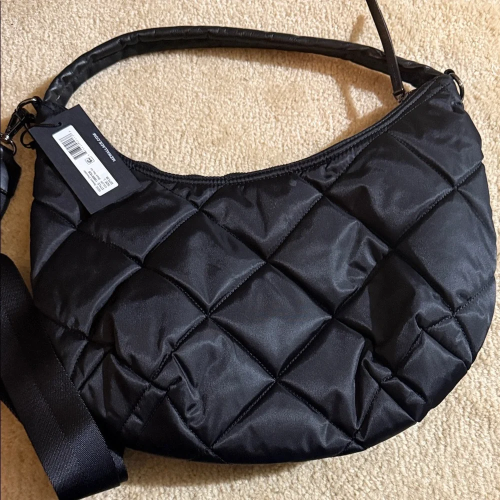 MZ Wallace Quilted Black Nylon Hobo with Silver Chain Accent